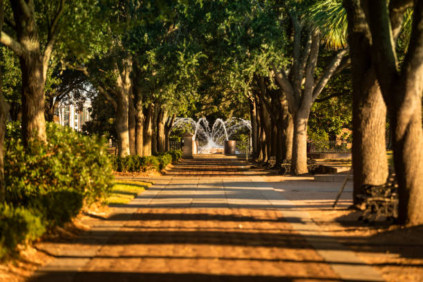 Public walking path by the Ashley River on the waterfront park in Charleston South Carolina USA