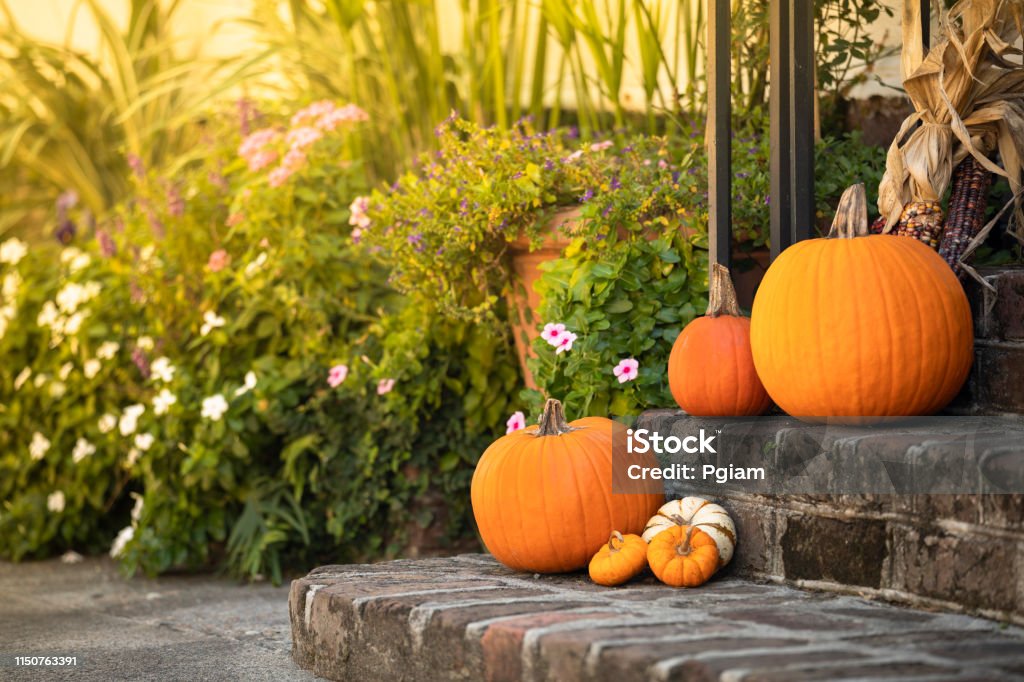Pumpkin and squash on the Front entrance to a home in Autumn Halloween October pumpkin and squash decorations on the front step entrance of a home in the fall Autumn Stock Photo