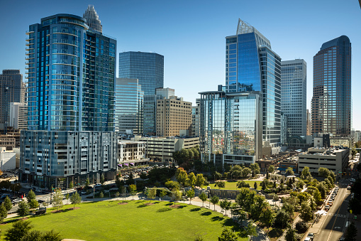 Cityscape view of Charlotte North Carolina and Romare Bearden Park in Mecklenburg County, USA