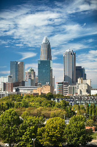 Cityscape view of Charlotte North Carolina in Mecklenburg County, USA