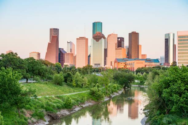 skyline di houston texas sul buffalo bayou park in primavera - buffalo bayou foto e immagini stock