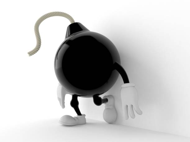 istock Bomb character leaning on wall on white background 1150766585
