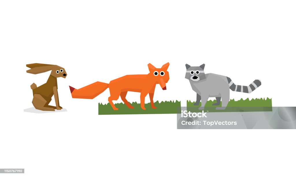 Collection d’animaux géométriques mignons, lièvre, renard, raton laveur vecteur illustration - clipart vectoriel de Abstrait libre de droits