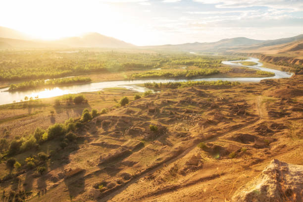 istock Caucasian landscape in backlit, Mtkvari river in Georgia 1150768052