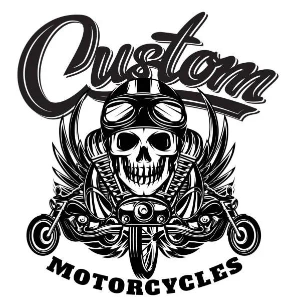 Vector illustration of Vector monochrome image with skulls, motorcycles, wings, engine and Calligraphic inscription