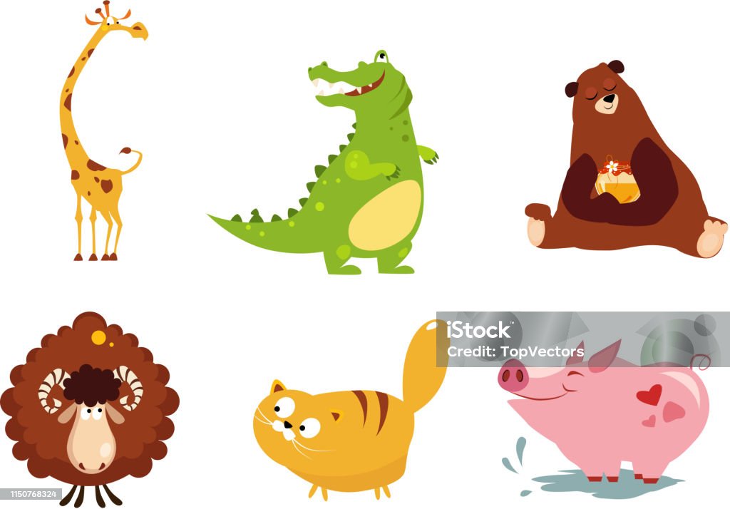 Animaux drôles mignons ensemble, girafe, crocodile, ours, mouton, chat, cochon vecteur illustration - clipart vectoriel de Allemagne libre de droits