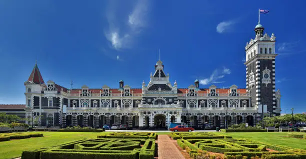 Frontal view of the Historical Railway Station of Dunedin, New Zealand