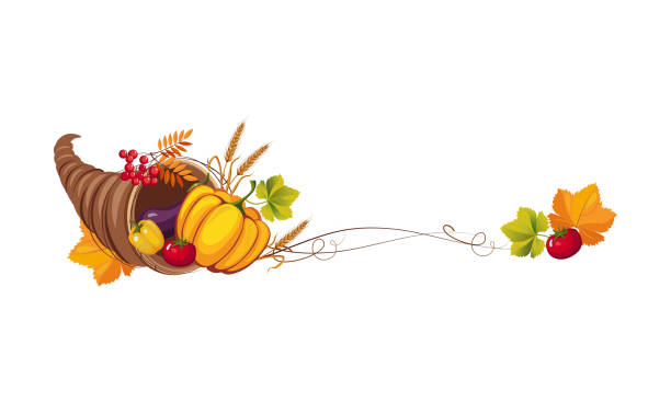 ilustraciones, imágenes clip art, dibujos animados e iconos de stock de banner de acción de gracias con cornucopia y espacio para texto, hortalizas de otoño y hojas vector illustration - cornucopia