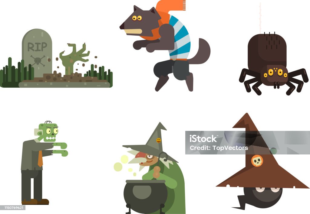 Conjunto de iconos de Halloween, tumba con lápida, bruja, araña, hombre lobo, zombi, elementos de diseño para un vector de vacaciones ilustración - arte vectorial de Alemania libre de derechos