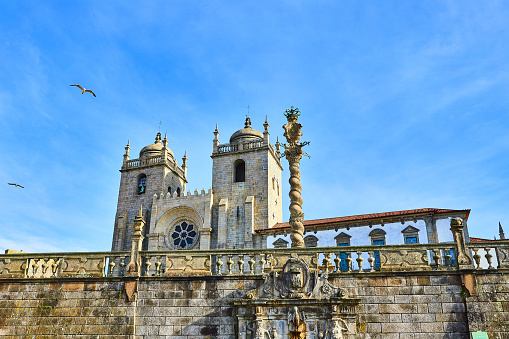 Porto Cathedral facade view, Roman Catholic church, Portugal. Construction around 1110
