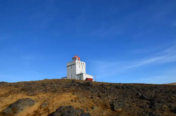 Iceland's Dryholaey Lighthouse on top of the sea cliffs.