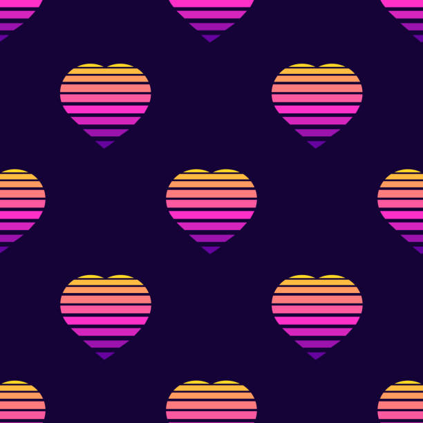 ilustraciones, imágenes clip art, dibujos animados e iconos de stock de patrón sin costuras con símbolos del corazón en fondo azul oscuro. futurista fondo de pantalla vectorial digital. vaporwave, retrowave, estética cyberpunk. - sensuality color image wallpaper black