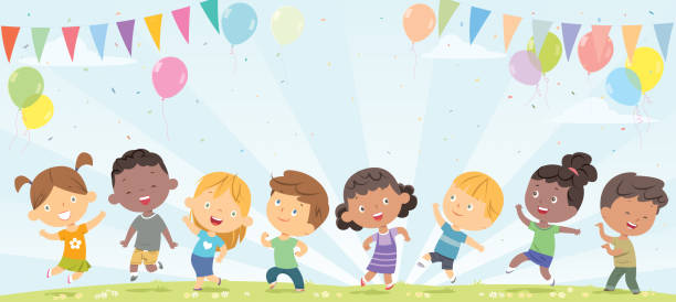 szczęśliwe dzieci tańczą - caucasian white poster little boys stock illustrations