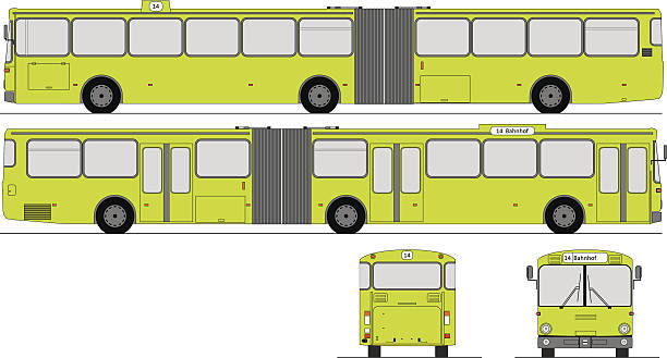 ilustraciones, imágenes clip art, dibujos animados e iconos de stock de los 4 laterales de un sectioned autobús de la ciudad - sectioned