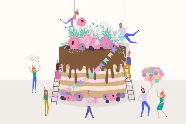 Vector illustration of Tiny people preparing for and celebrating holidays. Men and women decorating huge Birthday cake.