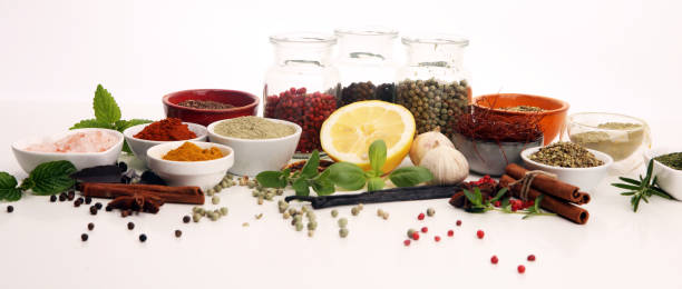 istock Spices and herbs on table. Food and cuisine ingredients with basil 1150776443