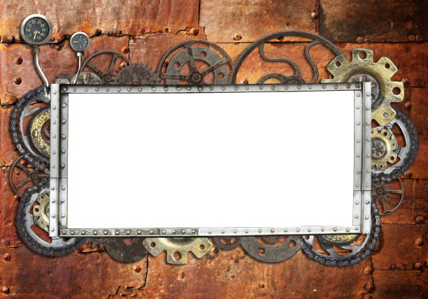 istock Metallic frame with vintage machine gears and cogwheel 1150776678