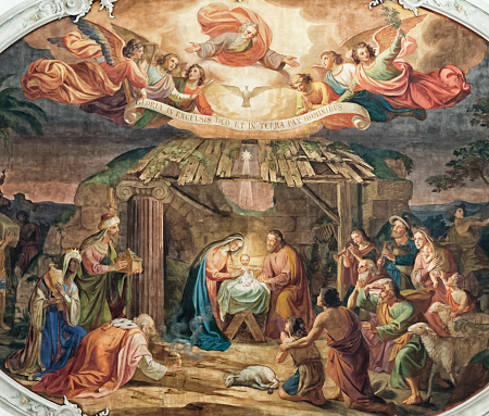 Nacimiento de Jesucristo en el establo de Belén con Maira y José, pastores y Ángeles photo