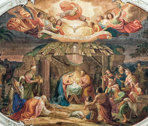 마이 라와 요셉, 목 자와 천사 들과 함께 베들레헴에서 안정 된 예수 그리스도의 탄생 - joseph 뉴스 사진 이미지