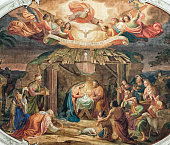 Birth of Jesus Christ in the stable of Bethlehem with Maira and Joseph, shepherds and angels