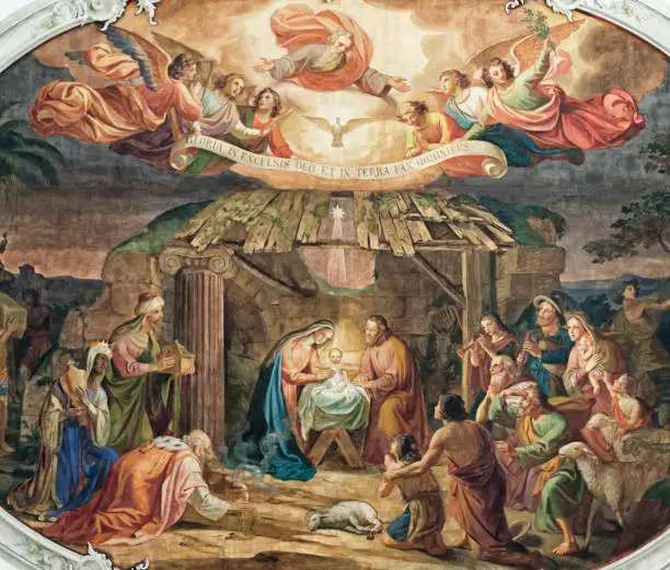 ceiling painting in the church of Appenzell in Switzerland showing the birth of Jesus Christ in the stable of Bethlehem with Maira and Joseph, shepherds, angels and the three kings frame the picture. Gloria in Excelsis deo et in terra pax hominibus.