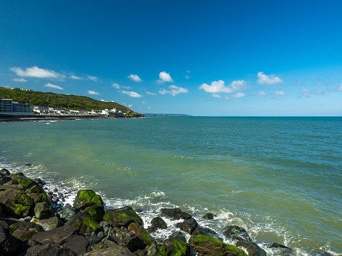 the beautiful blue sea of Westward Ho off the North Devon coast of England.