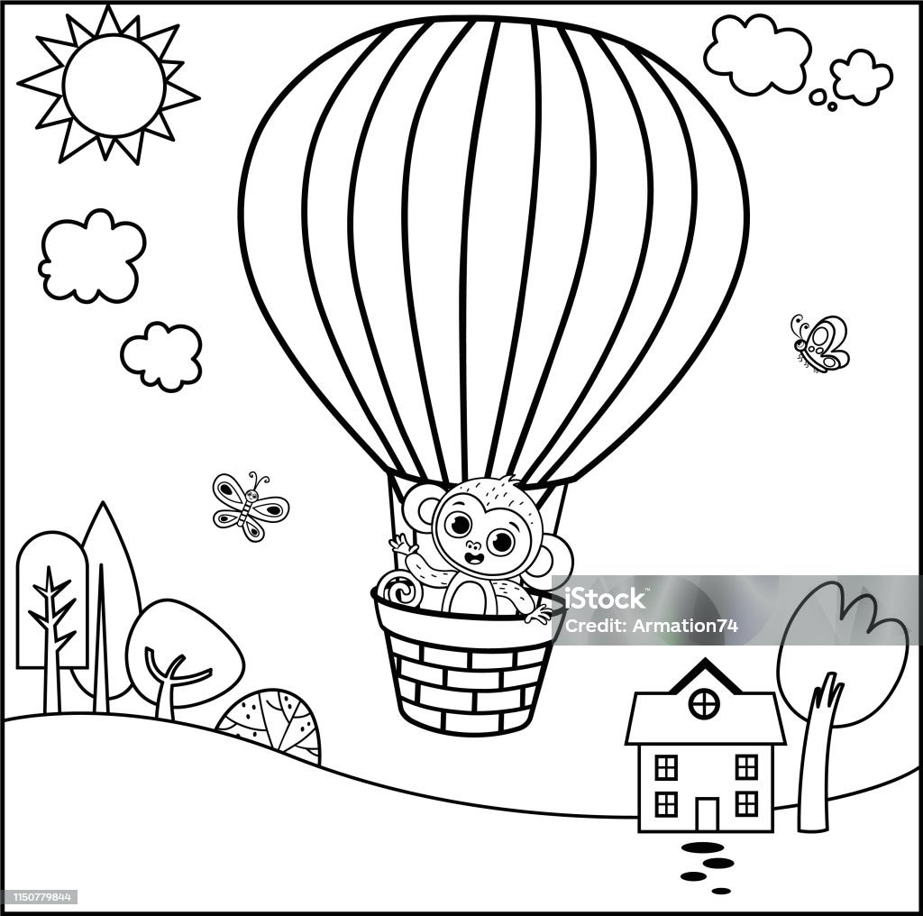 Vector illustration of coloring page  with a hot air balloon. Coloring stock vector