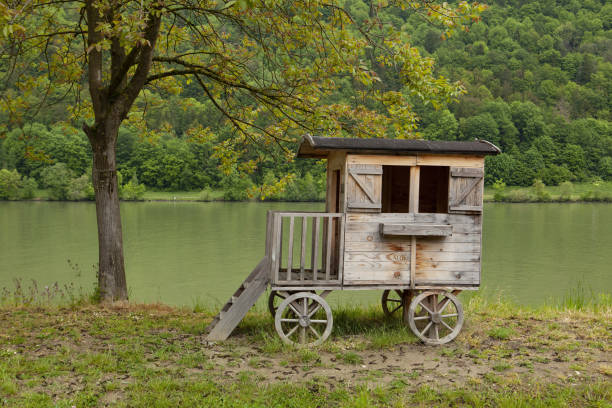 wooden recreational  vehicle nearby Danube river, Austria