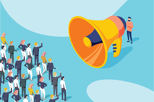 Isometric vector of a businessman or politician with megaphone making an announcement to a crowd of people. Abstract advertising of politic company or business corporate leader. Talking with customers