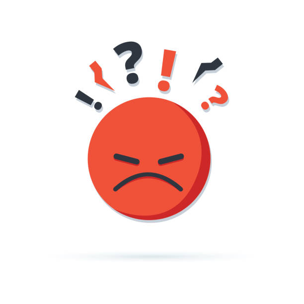 Negative thinking, bad experience feedback, unhappy client, difficult customer, poor service quality, angry red face Negative thinking, bad experience feedback, unhappy client, difficult customer, poor service quality, angry red face, mad emoticon sticker, hate and furious, vector icon, flat illustration red question mark stock illustrations