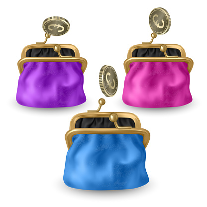 Set of opened purses of pink, blue and purple colors. Gold coins raining to open wallet. Golden coins money, euro dropping or falling in open purse. Realistic Vector EPS 10 illustration