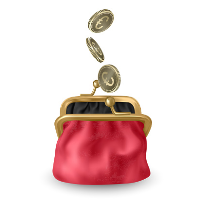 The Red, opened purse. Gold coins raining to open wallet. Golden coins money, euros dropping or falling in open purse. Realistic Vector illustration