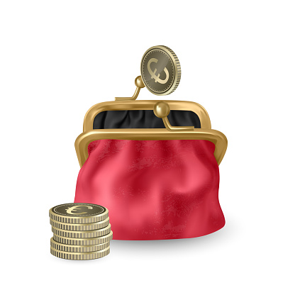 The Red, opened purse. Gold coins raining to open wallet. Golden coins money, euros dropping or falling in open purse. Realistic Vector illustration