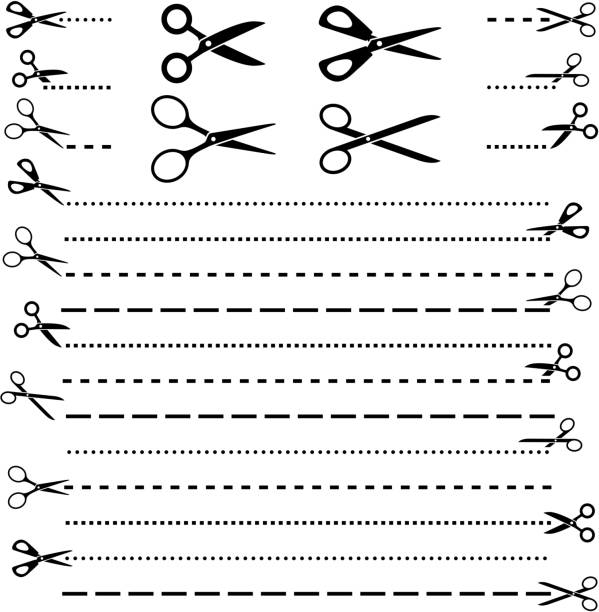 ilustraciones, imágenes clip art, dibujos animados e iconos de stock de tijeras corte líneas diferentes iconos conjunto de vectores - dissection