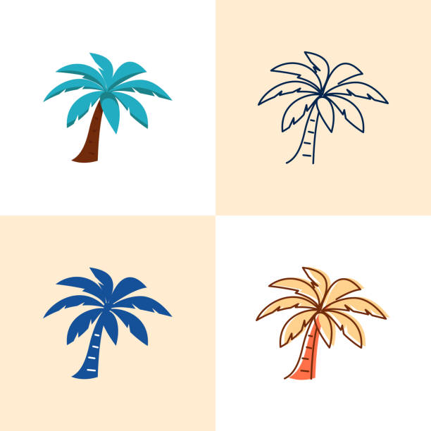 значок пальмы, установленный в плоском и линии стиля - tropical climate island beach branch stock illustrations