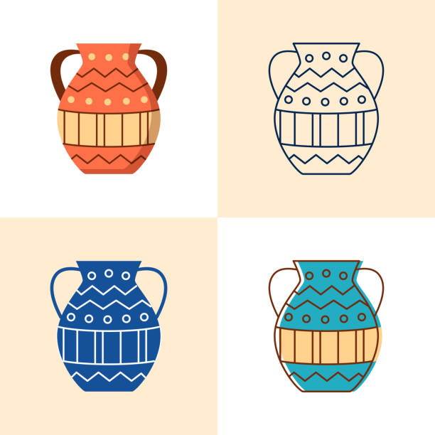 illustrations, cliparts, dessins animés et icônes de icône de vase ancien ensemble dans le style plat et ligne - crock pot