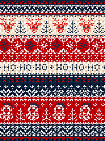 Ugly sweater Merry Christmas party ornament. Vector illustration knitted background seamless pattern with deer, christmas tree, snowflake, scandinavian ornament. White, blue, red colored knitting