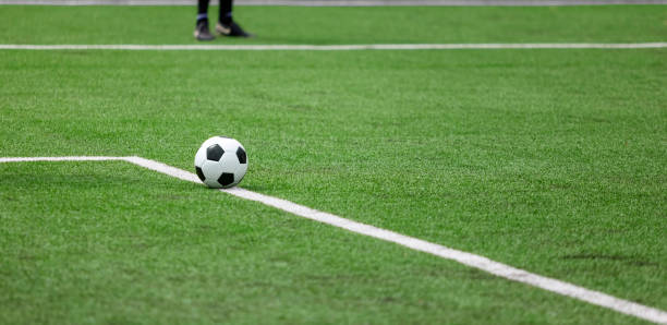 Soccer ball in the grass of the football field stock photo