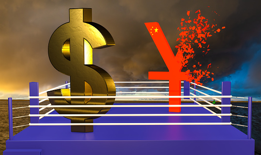 Currency Chinese yuan disintegrating in the confrontation with the US currency, US dollar - 3d illustration