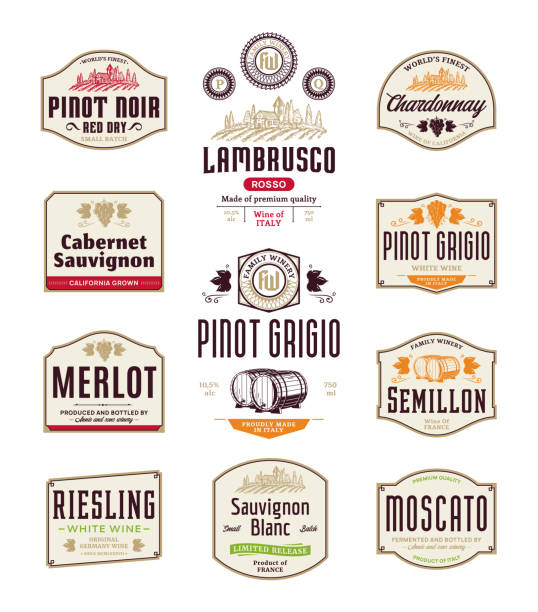 Red and white wine labels Vector vintage red and white wine labels and packaging design templates. Winemaking business branding and identity design elements. merlot grape stock illustrations