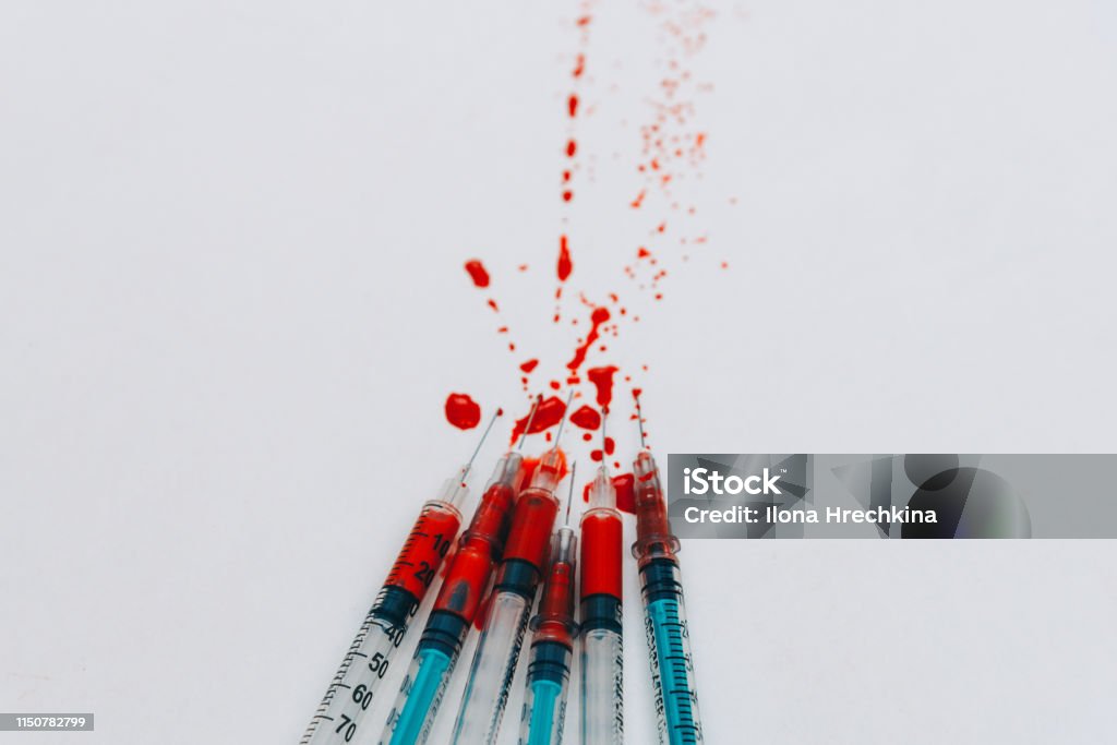 Treatment against addiction. Syringe with blood. Immunodeficiency. Treatment against addiction. Syringe with blood. Immunodeficiency. Treatment of addiction AIDS Stock Photo