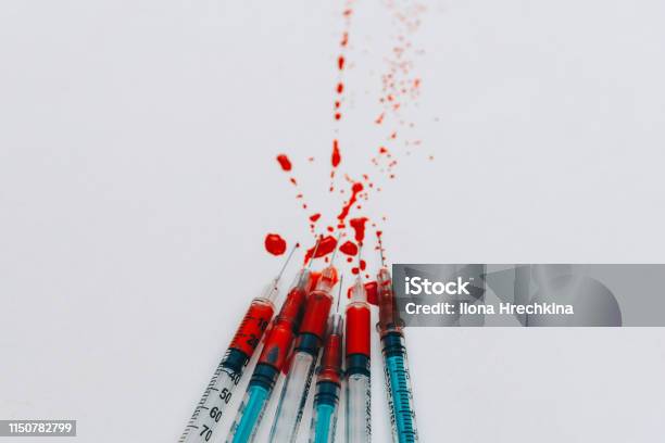 Treatment Against Addiction Syringe With Blood Immunodeficiency Stock Photo - Download Image Now