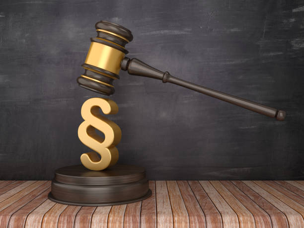 istock Gavel with Paragraph Symbol on Chalkboard Background - 3D Rendering 1150783019