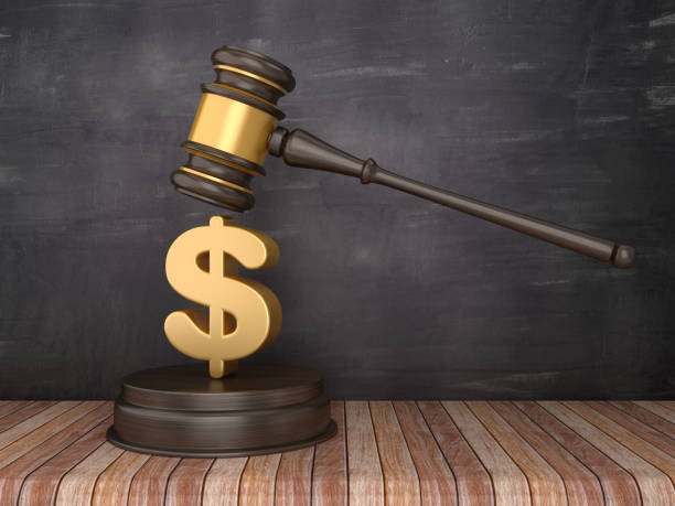 istock Gavel with Dollar Sign on Chalkboard Background - 3D Rendering 1150783082