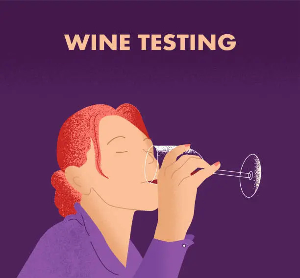 Vector illustration of Young woman drinks red wine  from a glass. Girl degusts wine. Vector illustration in line art style.