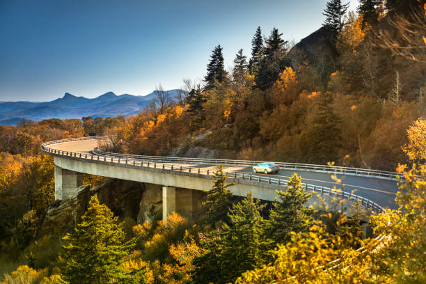 linn cove viaduct blue ridge parkway en otoño - blue ridge mountains fotos fotografías e imágenes de stock