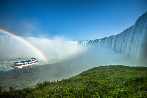 Horseshoe Falls and a tourist ferry boat from underneath the Niagara Falls, Ontario, Canada