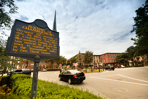 Downtown streets and Memorial Square in Chambersburg, Pennsylvania USA
