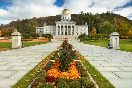 Entrance of the Vermont State House Greek revival capitol building in Montpelier Vermont USA