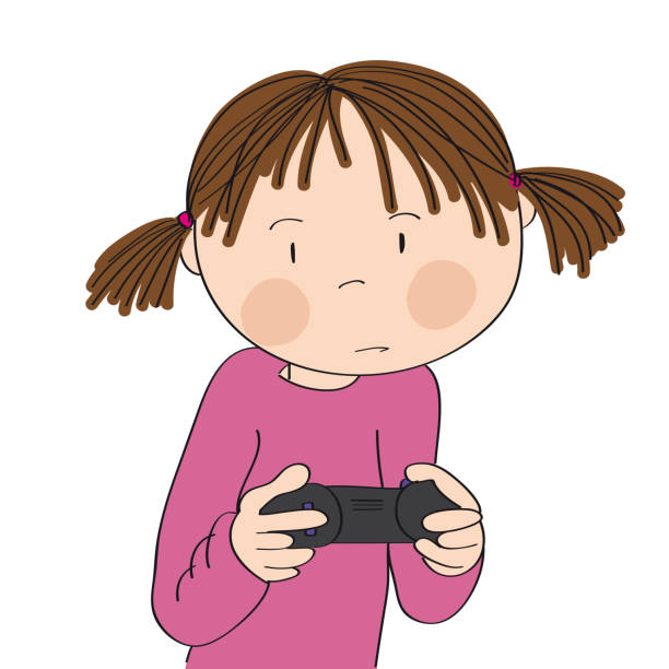 Little Girl Playing Video Games On Game Console Holding Joystick Being Very  Concentrated Original Hand Drawn Cartoon Illustration Stock Illustration -  Download Image Now - iStock